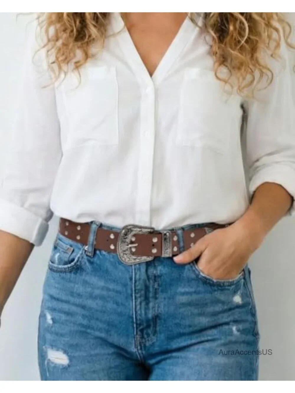 Studded PU Leather Fashion Belt with Western Buckle